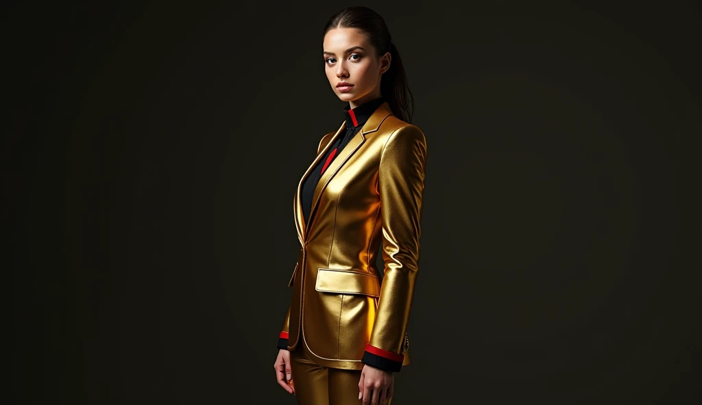 Create an image with a young woman in a gold suit with black and red colors 