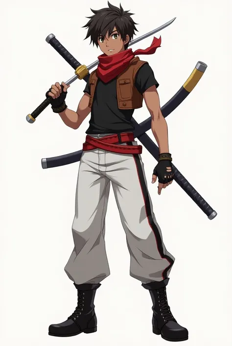 anime boy, honey colored eyes, dark skin,  sleeveless leather vest , black short sleeve shirt,  white pants with a black line on the sides of the legs,  red scarf around the neck , red belt ,  black fingerless gloves with integrated knuckles , leather boot...