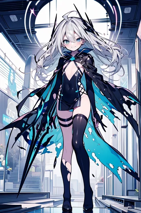 (full body),((Best Quality, masterpiece, Esoteric, Super Resolution)), One Girl, Alone, Pale skin, Ahoge, Gray Hair, Abnormally long hair, blue eyes,  Hair between the eyes ,   flat chest, spooky, dark, cemetery, Blue Mist,  black dress to hang your body, ...