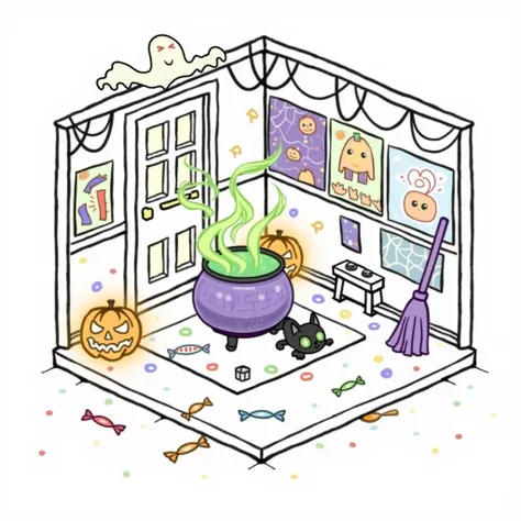 Example Theme: A Halloween-themed room filled with vibrant colors and spooky decorations.

Prompt:
"A vibrant, colorful Halloween-themed room. In the center is a bubbling cauldron with green and purple smoke swirling around it. A friendly ghost floats abov...