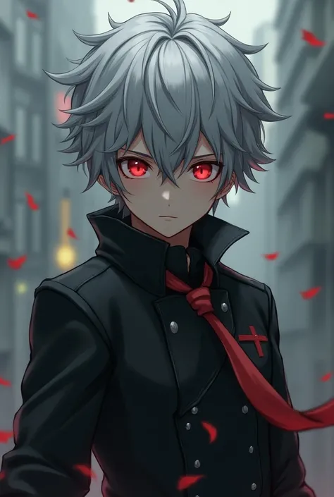 young male character with gray hair and red eyes in a uniform doing random things 