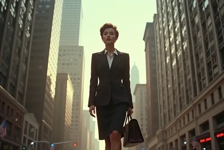 NEW YORK 1985 (screenshot from the 80s film taken on VHS)  Business woman on Wall Street .  A formal suit with shoulder pads , knee length skirt, pumps . Short haircut with backcombing.  In the hand is a leather briefcase . morning light,  reflections in t...