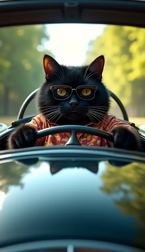 The black fur male cat sits in his big, expensive Mercedes, wearing his colorful boomerang shirt and  black sunglasses. His expression is tense as he grips the steering wheel, driving toward the hospital. The luxury car gleams in the sunlight, its sleek de...