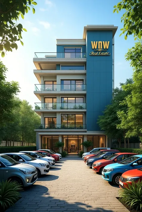 A small office building with a beautiful garden courtyard full of traffic. Vehicles like Maruthi swift, wagonR, nano car etc. are parked in front of the building. A name board is placed in front of the building. It says WOW real estate in big golden letter...