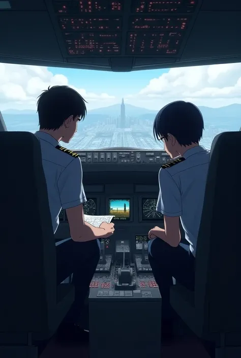 Drawing two pilots in the cockpit of a Boeing 777X looking down at the city of Kyotos from the Blue Archive game, in bewilderment as to how they got here, the captain looked at the picture of the city of Kyotos through the cockpit window with suspicion, th...