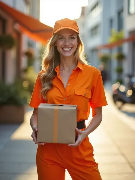 A medium shot of a cheerful German woman wearing orange pants, a black belt, an orange shirt, and an orange cap, smiling warmly, with her hair draped over one shoulder, holding a package with both hands at waist level, standing in a modern urban environmen...