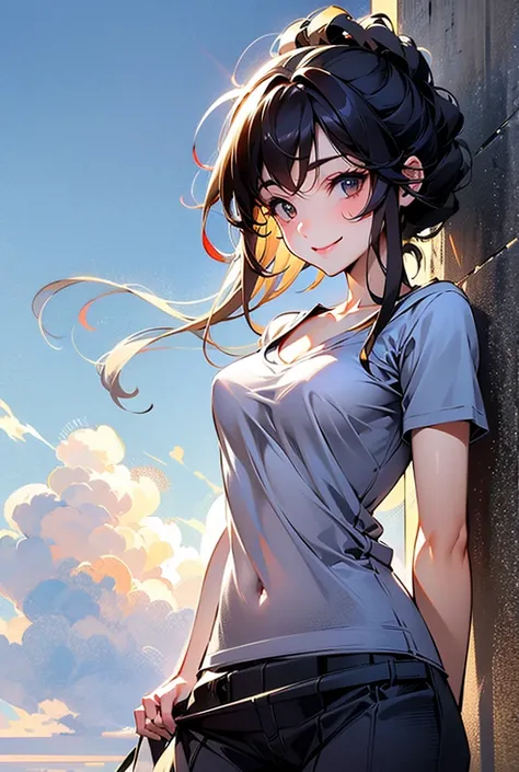 masterpiece, best quality, ultra-detailed, illustration, slim fit girl, at full height, blrown eyes, shy smile, perfect small breast, skirt, t-shirt,