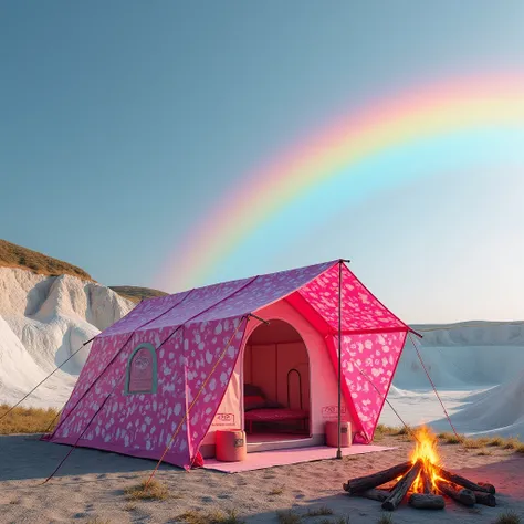 a camping tent for 6 people with a porch and fabric printed in the Barbie style next to a fire, Real photo, Pamukkale city in Türkiye, rainbow, 4K, ultrarealismo, by Ruth Handler, Mattel