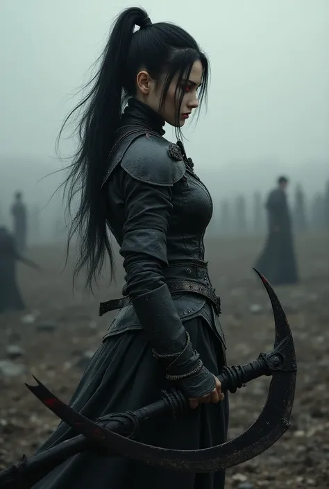 (best quality, 4K, masterpiece :1.3, 8k, ultra-detailed, ultra-masterpiece), girl, ultra-detailed face, detailed lips, detailed eyes, double eyelid, sad, (((battlefield))), warrior, (((holding a scythe))),  ponytail ((red eyes, black hair)), ((((Armor cove...