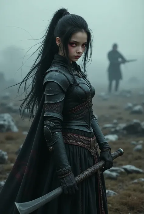 (best quality, 4K, masterpiece :1.3, 8k, ultra-detailed, ultra-masterpiece), girl, ultra-detailed face, detailed lips, detailed eyes, double eyelid, sad, (((battlefield))), warrior, (((holding a scythe))),  ponytail ((red eyes, black hair)), ((((Armor cove...