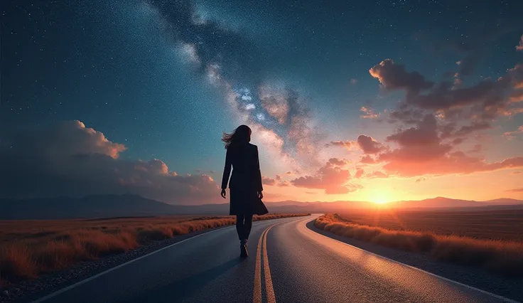 A majestic scene of Kamala Harris walking along a winding road under a cosmic sky filled with stars and planets. The road ahead is long, symbolizing the journey still to come. The atmosphere is one of hope, perseverance, and cosmic alignment guiding her st...