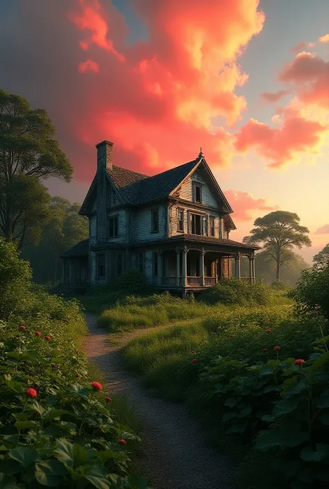 A house,overgrown vegetation,,red,orange,pink clouds Are clearly visible, distance view is need,hd detail,8k