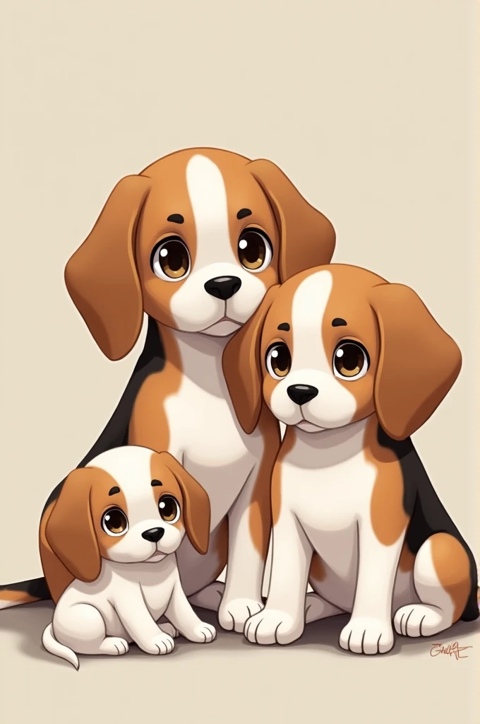 An elderly female tricolor Beagles with white eyebrows, white legs with brown legs and another female Beagle, a white cub with brown ears and a white spot on the snout on the left side. 