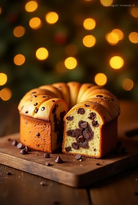 A perfectly roasted chocotton ,  with visible chocolate chips ,  displayed prominently on a wooden table . In the background,  soft and blurred lights that remind Christmas decorations ,  like garlands or Christmas trees . The panettone is cut in half ,  s...