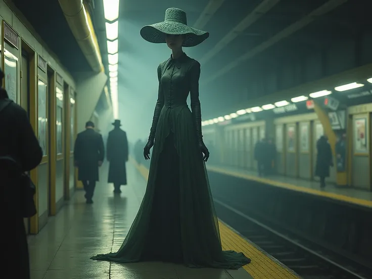  man with a supernatural appearance , like a very tall spirit ,  wearing a hat ,  gloves and a long coat in the style of the Victorian Era,  walking on the platform of a subway station 