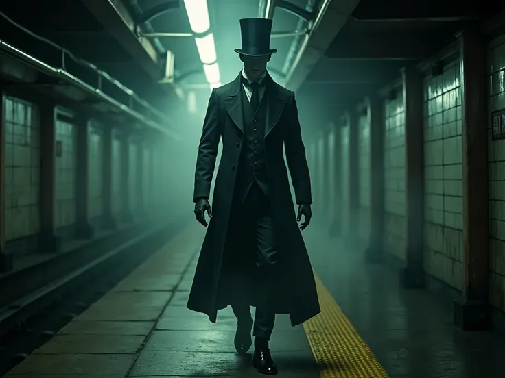 man, masculine, supernatural-looking , like a very tall spirit ,  wearing a hat ,  gloves and a long coat in the Victorian Era style,  walking on the platform of a subway station 