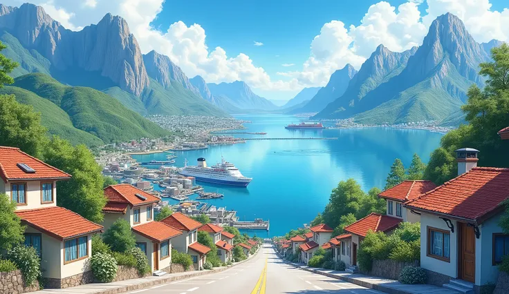 ((Watercolor art)),mountainから街を見下ろす, port city ,mountain,Residential Street,shipyard , Coastal road , Local metropolis ,showy,summer,(( masterpiece,  highest quality ,  Extremely detailed CG ,  unit 8k wallpaper  )),( masterpiece,  highest quality ,  highe...