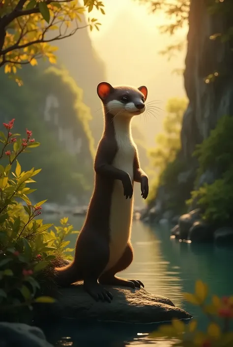 ((male least weasel:1.5, ultra detailed:1.4, majestic, imposing, elegant, fearsome, among the leaves in the middle of the China Mountain River.:1.4),Hyper realistic, epic, ultra, masterpiece, sunset lighting almost at dusk, impeccable landscape, 32K ,