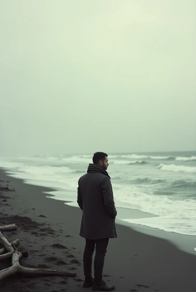 Winter beach, A man is looking at the ocean, Coat, Photograph, Sepia