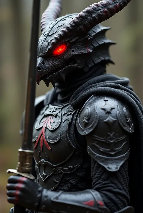 Close-up of a costumed person holding a sword,  Dragon Knight, Draconic looking armor , completely covered in metal armor, Kamen Rider Characters, Berserk Skull Knight Black Armor, Armor with a fox motif, High Fantasy Kamen Rider, Evil Knight, Armor merges...