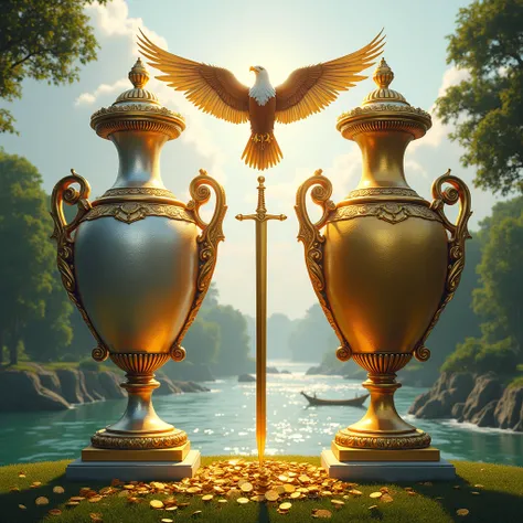 Two large , , one of silver on the right of the image and the other of gold on the left of the image , And above an emblematic eagle.  In the background of the image there is a completely white flag being raised by a golden sword.  The ground is of grass ,...