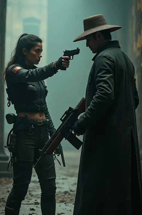 A woman in mercenary costume assasins ,  by pointing a gun at a man wearing a bonnet and long black jacket with firepower in his hands.