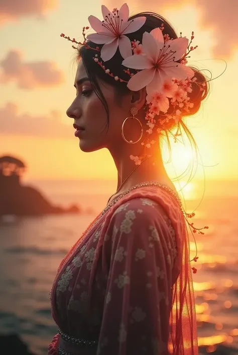 high quality, 8K Ultra HD, A beautiful double exposure that combines an goddess silhouette with sunset coast, sunset coast should serve as the underlying backdrop, with its details incorporated into the goddess , crisp lines, The background is monochrome, ...