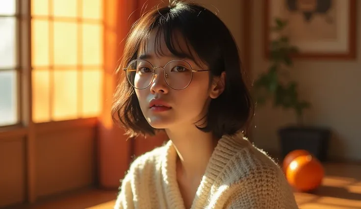 Majestic Japanese woman with short bob hair,Music album cover style, sweater, Glasses, Japanese style room, Kotatsu, mandarin orange, 