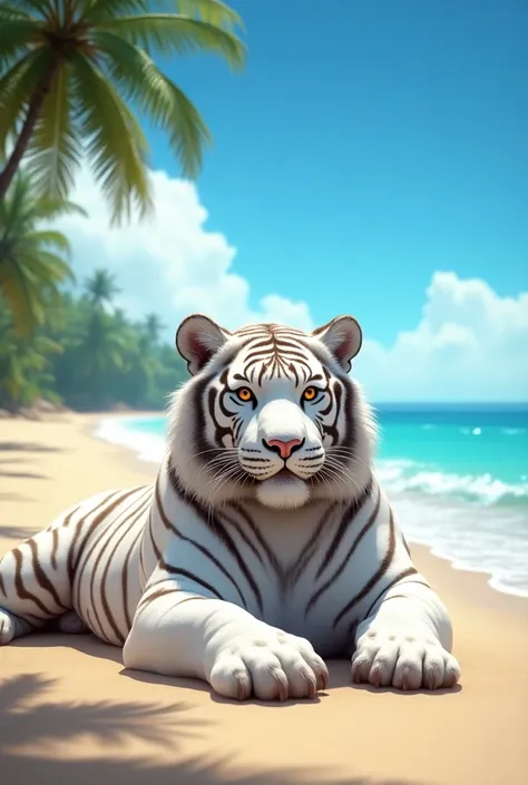 Chubby white tiger on the beach 