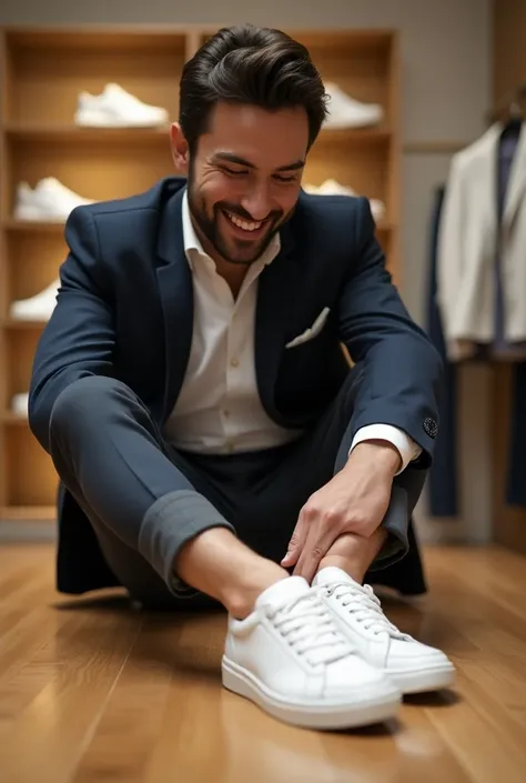 European man tries on white sneakers, smiles