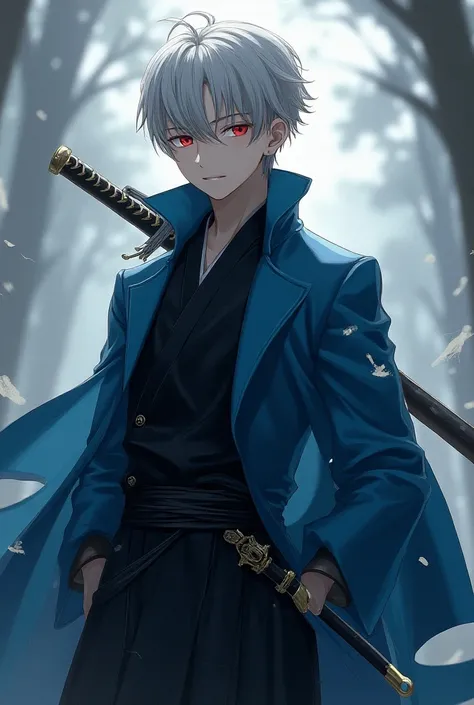 Young male character with gray hair and red eyes full body with a katana dressed in beautiful blue and black overcoat clothes  