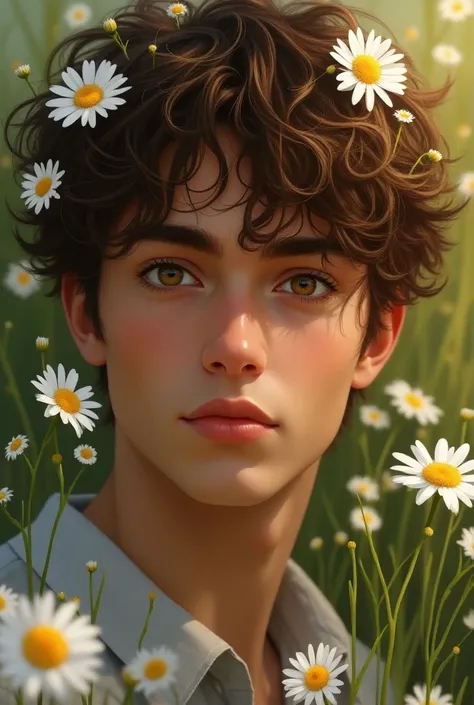 I want a book cover with young guy. Brown hair and daisies in hair. I want him seems in love