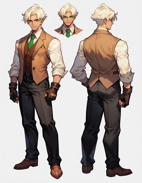 human male , whiter  hair style   , green pupils  , brown vest , best character design ,brow tie , background,character sheet , ...