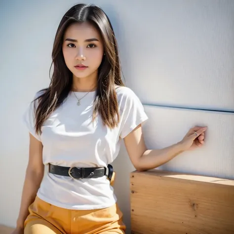  A 24-year-old Thai girl looks natural, her face is unadorned but charming, she looks good skin, a proportional figure, a small chest, a waist and PROPORTIONAL HIPS ,  She was wearing a white shirt, a deep neckline, a floaty waist, a plaid miniskirt, a bro...