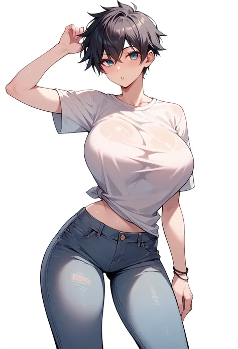 best quality, glossy, 4k, ((artwork)), extremely detailed, 8k, beautiful, beautiful teen tomboy, blue eyes, short black hair, huge breasts, black loose shirt, jeans, white background, standing, at school