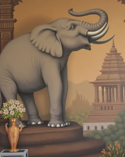 there is a painting of an elephant on the wall above a vase of flowers, an ultrafine detailed painting by Wayne England, shutterstock, samikshavad, temple background, background depicting a temple, ancient interior tent background, ganapati, background ima...