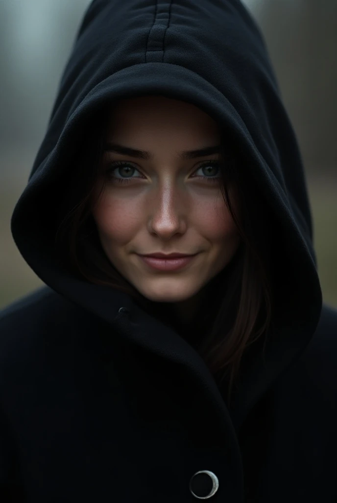 (photorealism:1.2), 32 year woman with black coat and hood obscuring part of his face,crying and smille,moon on girl face