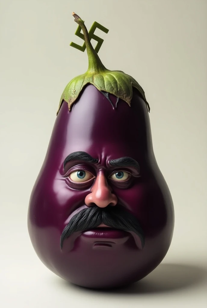 Draw an eggplant with german Dictator Adolph Hitler face in perfect shape, with a Swastika cross symbol, drawn as a cartoon.
