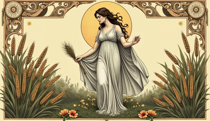 "Design a Greek mythology-themed slide template inspired by Gustave Dorés illustrations, centered on the theme of fertility and the menstrual cycle. The layout should feature a graceful depiction of Deméter, adorned in flowing robes, surrounded by sheaves ...