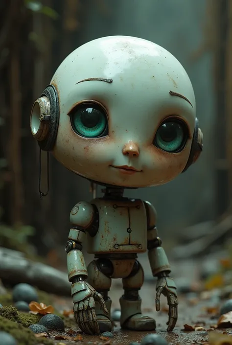 full view. little funny robot, porcelain face and head, big turquoise eyes, perfect eyes, best quality. beautiful cinematic impr...