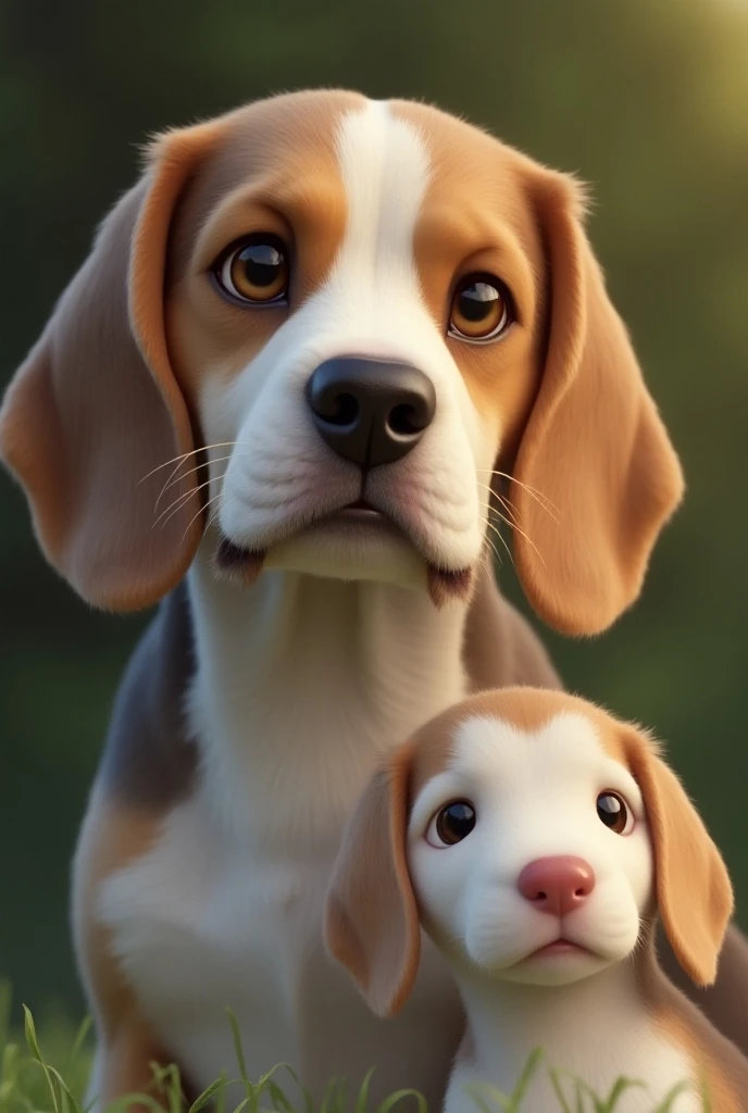  Elderly female tricolor Beagle with whitish hairs on her face  , white legs and brown legs, along with another white Beagle puppy with brown ears and brown spots around the eyes,  a white spot on the left side of the nose and pink snout  