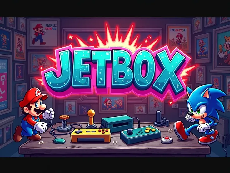 Create a vibrant and dynamic image representing the Jetbox brand, centered around emulators and retro gaming. The composition should feature classic gaming icons Mario and Sonic in an action-packed scene, surrounded by nostalgic elements such as retro consoles, cartridges, and vintage game controllers like arcade buttons and old-school gamepads. The Jetbox logo should be displayed in bold, metallic 3D graffiti letters, highlighted by pixel art explosions and neon lighting. The background should evoke the atmosphere of a vintage game room with urban textures and a colorful, energetic palette, capturing the excitement and nostalgia of old-school gaming.