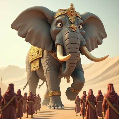 A 3D render of a realistic cartoon-like"
Illustrate Abraha’s majestic war elephant, towering over the soldiers, hesitant to proceed toward the macca in Kaaba.