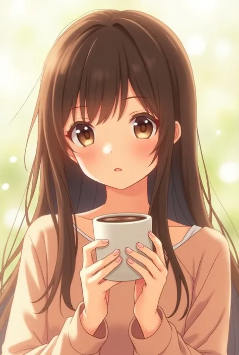 A young girl is holding a coffee cup in her hand,  Girl Cute Pretty Face , Cute natural anime face, Cute - Beautiful - Face, Sakimi-chan, Chiho, Yoshitomo Nara,  young and cute face, Beautiful Japanese girl face, 茶色の髪とBig Eyes,  cute girl , Beautiful light...