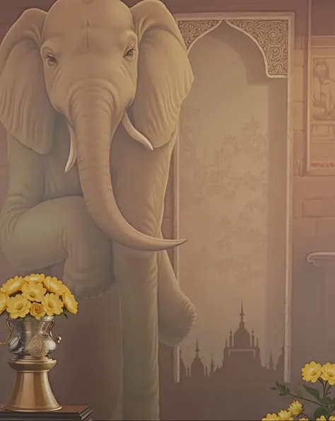 there is a painting of an elephant on the wall above a vase of flowers, an ultrafine detailed painting by Wayne England, shutterstock, samikshavad, temple background, background depicting a temple, ancient interior tent background, ganapati, background ima...