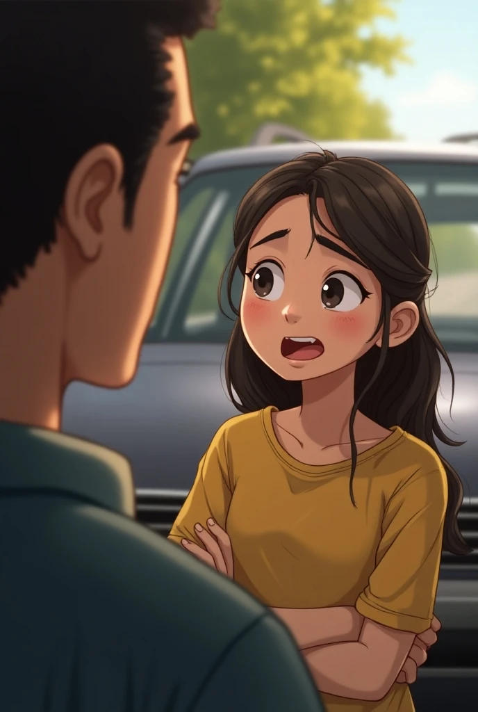 Draw a teenage girl asking her dad to help her drive