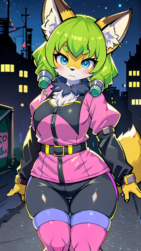 kawaii,  fluffy pink striped fox , green hair, blue eyes,  heterochromia, Alone, body hair, (at night,  deserted city with ruins  ),  synthetic fabric skin ,  cybernetic prosthesis ,  cybernetic prosthetic servo legs ,  digital headset with HUD , Mechanica...