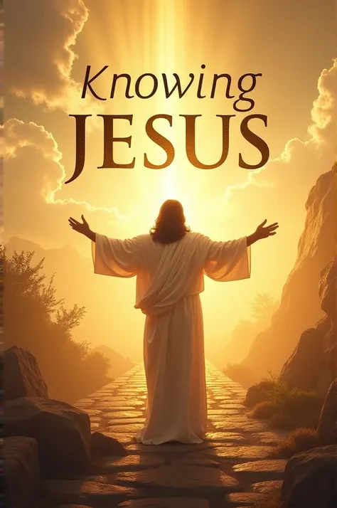  the title “Knowing Jesus” is highlighted in a simple font  "Knowing Jesus ":


 ---

This cover seeks to convey both the divinity and humanity of Jesus ,  suggesting a divine and warm presence . At the center,  the silhouette of Jesus , with open arms,  i...