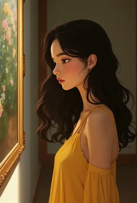 A beautiful girl wearing a yellow dress with wavy, curly and long medium-length hair looks at a painting whose look is attractive 