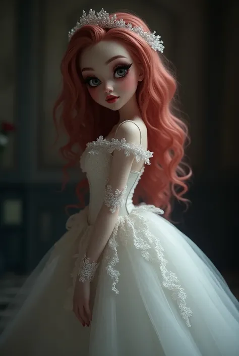 a gorgeous anime-style portrait of Tiffany, the bride of Chucky, with beautiful detailed eyes, beautiful detailed lips, extremely detailed face, long eyelashes, reddish-pink hair, porcelain skin, flawless makeup, wearing a white wedding dress, standing in ...